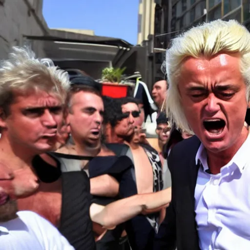 Prompt: shirtless geert wilders shouting at arabs