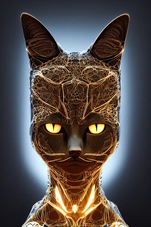 Prompt: portrait of a robotic cat, perfect symmetrical pose, beautiful eyes, perfect face, sharp, by irakli nadar with intricate detailed wearing glowing dress, by leesha hannigan, iris van herpen, artstation, cgsociety, wlop, epic, wow factor, much detail, gorgeous, detailed, masterpiece