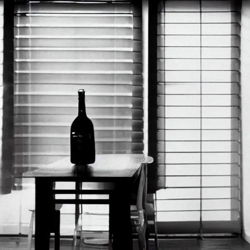 Image similar to wide angle of detective standing in apartment holding a bottle of alcohol, venetian blinds in the background, table and chairs against the wall, black and white, 4k, movie frame from 1940s noir film