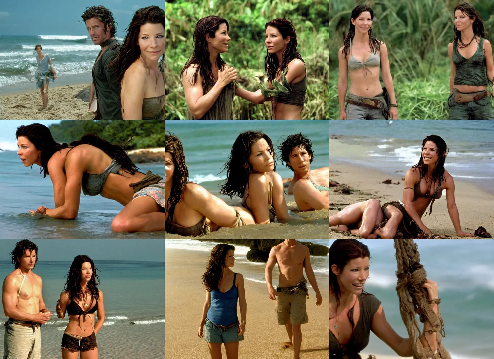 Prompt: evangeline lily as kate austen on a tropical beach with jack, tv series lost ( 2 0 0 4 )