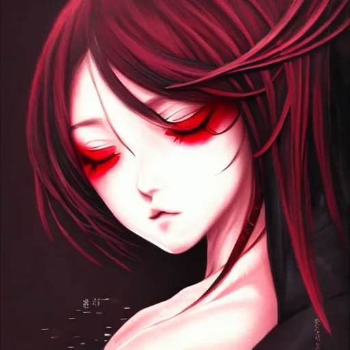 Image similar to beautiful seductive female spirit, sleeping, highly detailed, painting, dark red and black color palette, intricate, high quality anime artstyle, in the style of sana takeda