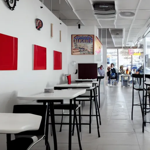 Image similar to photo of a minimalist white cafe interior, with arcade machines, and retro art on the white walls