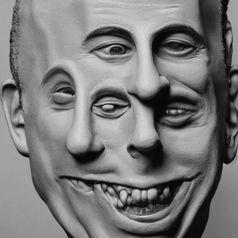 Prompt: beautiful studio photograph of colorful postmodern portrait sculpture of jerry seinfeld toothy smile, beautiful symmetrical face accurate face detailed face realistic proportions, made of charcoal - stained polymer clay on a pedestal by ron mueck and matthew barney and greg rutkowski, hysterical realism intense cinematic lighting shocking detail 8 k