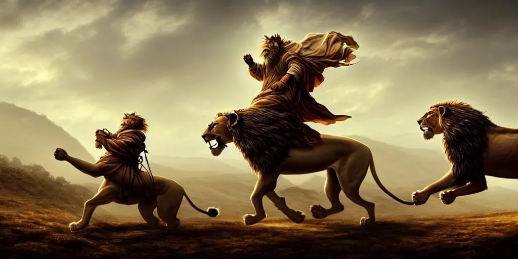 Image similar to a man riding a lion : : a hooded wise old man ( long white beard wearing a brown hooded tunic ) riding a lion, majestic, epic digital art, cinematic, trending on artstation, superb detail 8 k, wide - angle, masterpiece