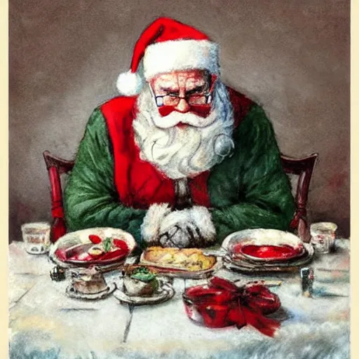 Prompt: (((((1950s cozy Christmas dinner with santa klaus . muted colors.))))) by Jean-Baptiste Monge !!!!!!!!!!!!!!!!!!!!!!!!!!!
