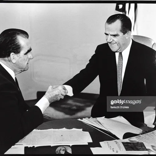 Prompt: Newspaper photograph showing President Nixon making a deal with the Mere-people of Atlantis