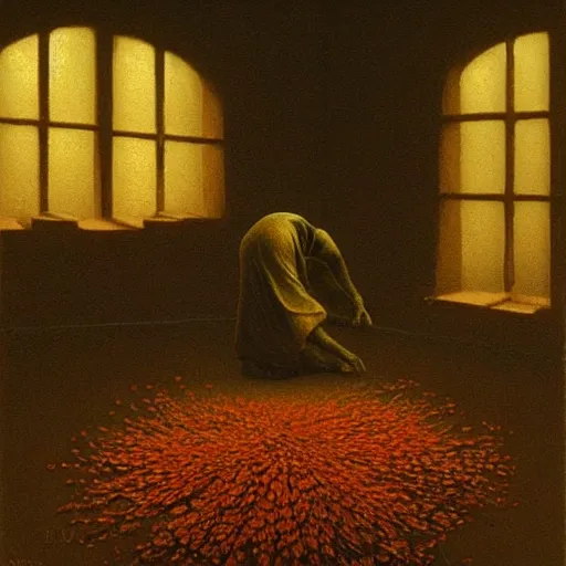 Image similar to a golemn tending to a beautiful dried flower in a dark room, zdzislaw beksinski, arthur rachham, 8 k, artstation, interior