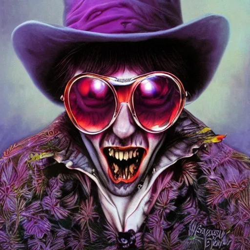 Image similar to Fear and Loathing Vampire in Wonderland, a psychedelic horror fantasy portrait by Wayne Barlowe and Artgerm, vivid color, album cover,