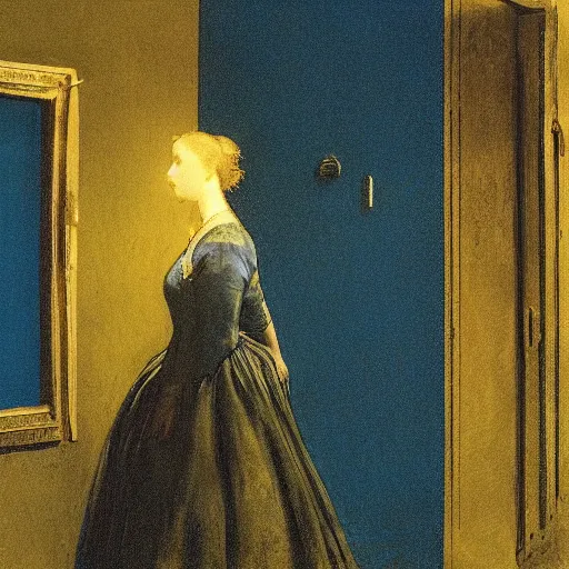 Image similar to a girl in a blue and gold haunted liminal room, film still by goya, colors by pontormo, lights by hopper, extreme detail, liminal aesthetic, background art nouveau,