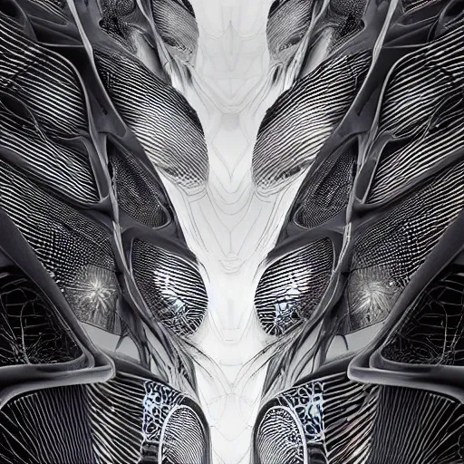 Prompt: cyberpunk irradiance by zaha hadid, iris van herpen and rick owens. highly detailed, hyper - real, very beautiful, intricate fractal details, very complex, opulent, epic, mysterious, polished, futuristic design, trending on deviantart and artstation