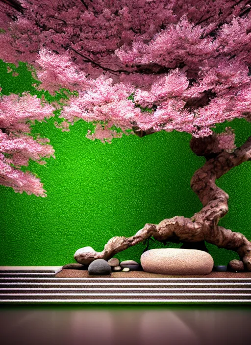 Image similar to hyper detailed 3d render like an Oil painting isometric perspective, octane render of a bonsai cherry blossom tree in a zen garden in the shape of a perfectly symetrical mandala finely detailed, hd, 8k minimalism, edge to edge, solid color background octane render, 8k