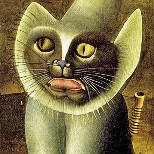 Image similar to stunning portrait of the purple striped cat of cheshire with a malicious smile by hieronymus bosch