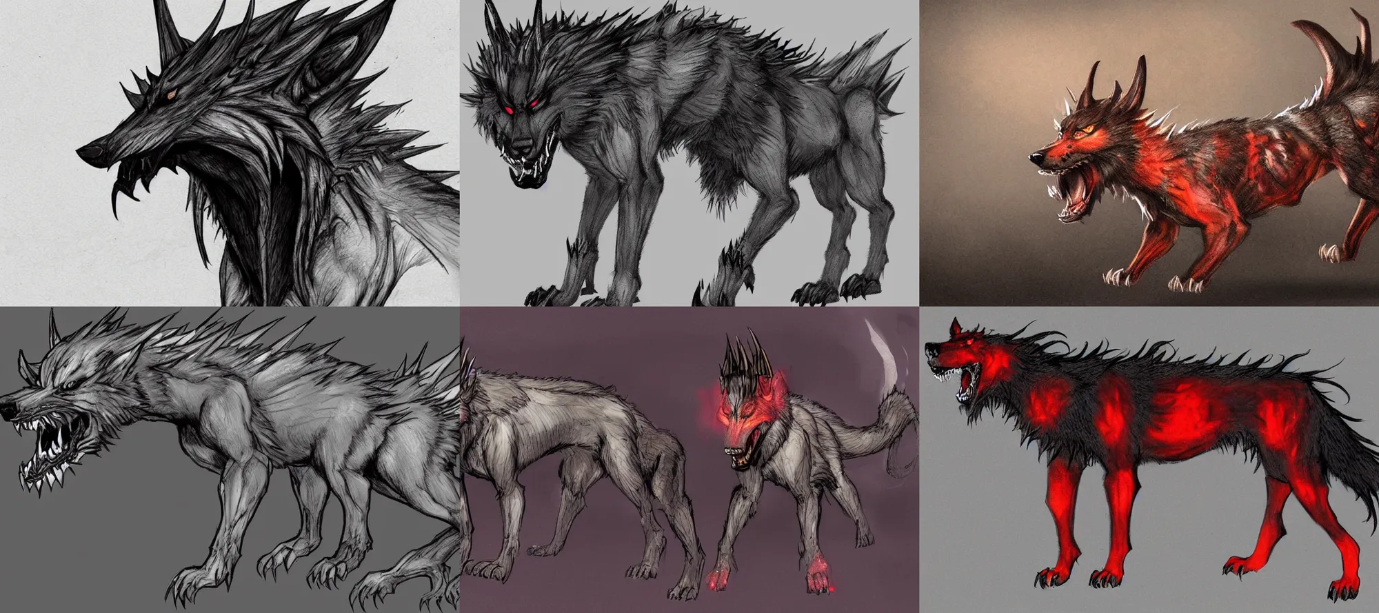 Prompt: concept art of a hellhound, a wolf with spikes and scary features that can breath fire