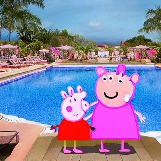 Prompt: an inflatable float of Peppa Pig in the center of a luxury hotel swimming pool