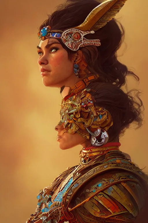 Image similar to a portrait of a anthropomorphic an acient aztec warrior goddess, D&D, fantasy, intricate, highly detailed, digital painting, artstation, concept art, smooth, sharp focus, illustration, art by artgerm and greg rutkowski and alphonse mucha