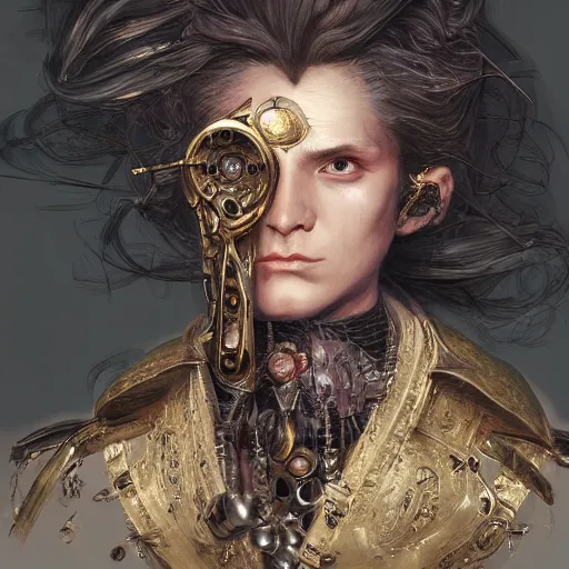 Image similar to portrait, headshot, insanely nice hair style, digital painting, of a old 17th century, old cyborg merchant, amber jewels, baroque, ornate clothing, scifi, realistic, hyperdetailed, chiaroscuro, concept art, art by Franz Hals and Jon Foster and Ayami Kojima and Amano and Karol Bak,
