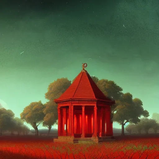 Image similar to red ancient temple between green fields with big trees, star trails, dramatic lighting, artstation, matte painting, caspar david friedrich, simon stalenhag