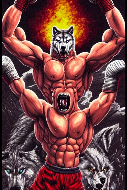 Prompt: extreme long shot. 8 bit nes graphics. antropomorphic muscular masculine wolf. kickboxer fighter, in shorts. wolf head. angry. fine details, very sharp, art from nes game cartridge, 8 0's, vhs artefacts, vaporwave style, marc simonetti and hermann nitsch and anish kapoor.