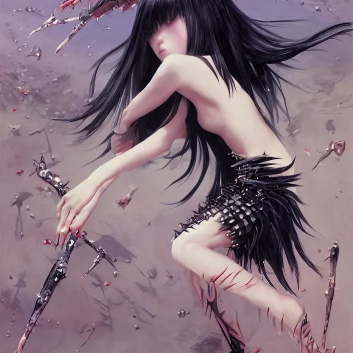 Prompt: cruel korean goth girl, cute, full body, spikes, latex, rubber, anime aesthetic, chibi, hyperrealistic, detailed, smooth, very smooth, brushwork, digital painting, sharp focus, concept art, fantasy, by junji ito, by bruce pennington, by annie leibovitz