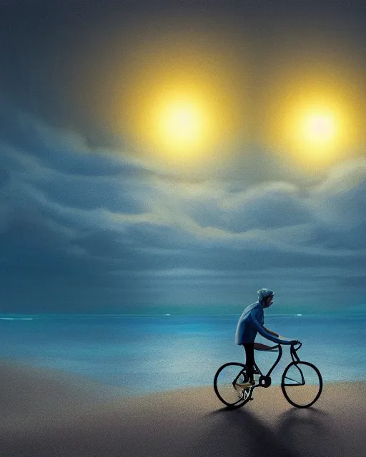 Prompt: photo of man riding a bicycle along the beach that is lit by glowing organisms underwater toward a lighthiuse in the distance, wide horizon, large white clouds, intricate, elegant, highly detailed, digital painting, artstation, concept art, smooth, sharp focus, illustration, art by artgerm and greg rutkowski and fra angelico