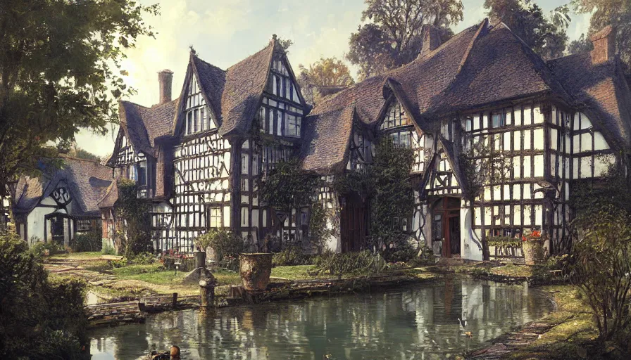 Image similar to portrait of a tudor manor house on a street, fishpond architecture, highly detailed, blue sky, cinematic lighting, digital art painting by greg rutkowski