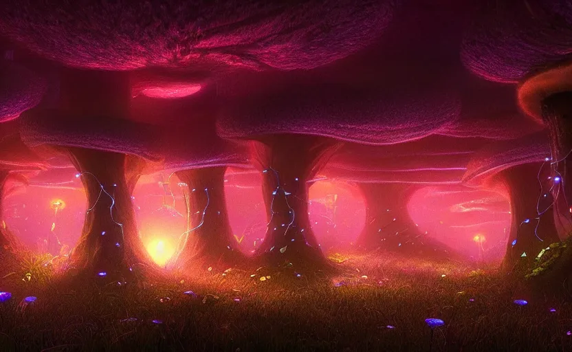 Image similar to a beautiful and stunning professional digital artwork of a glowing mushroom cave, haze, spores floating in the air, vines, night, volumetric lighting, hyperrealistic, rtx on, ultra detail