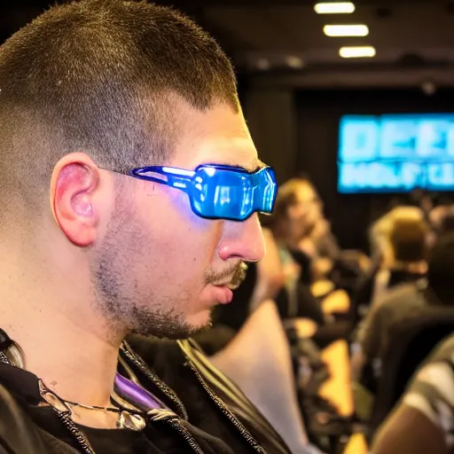 Prompt: A cyberpunk guy at the DEF CON conference in Las Vegas