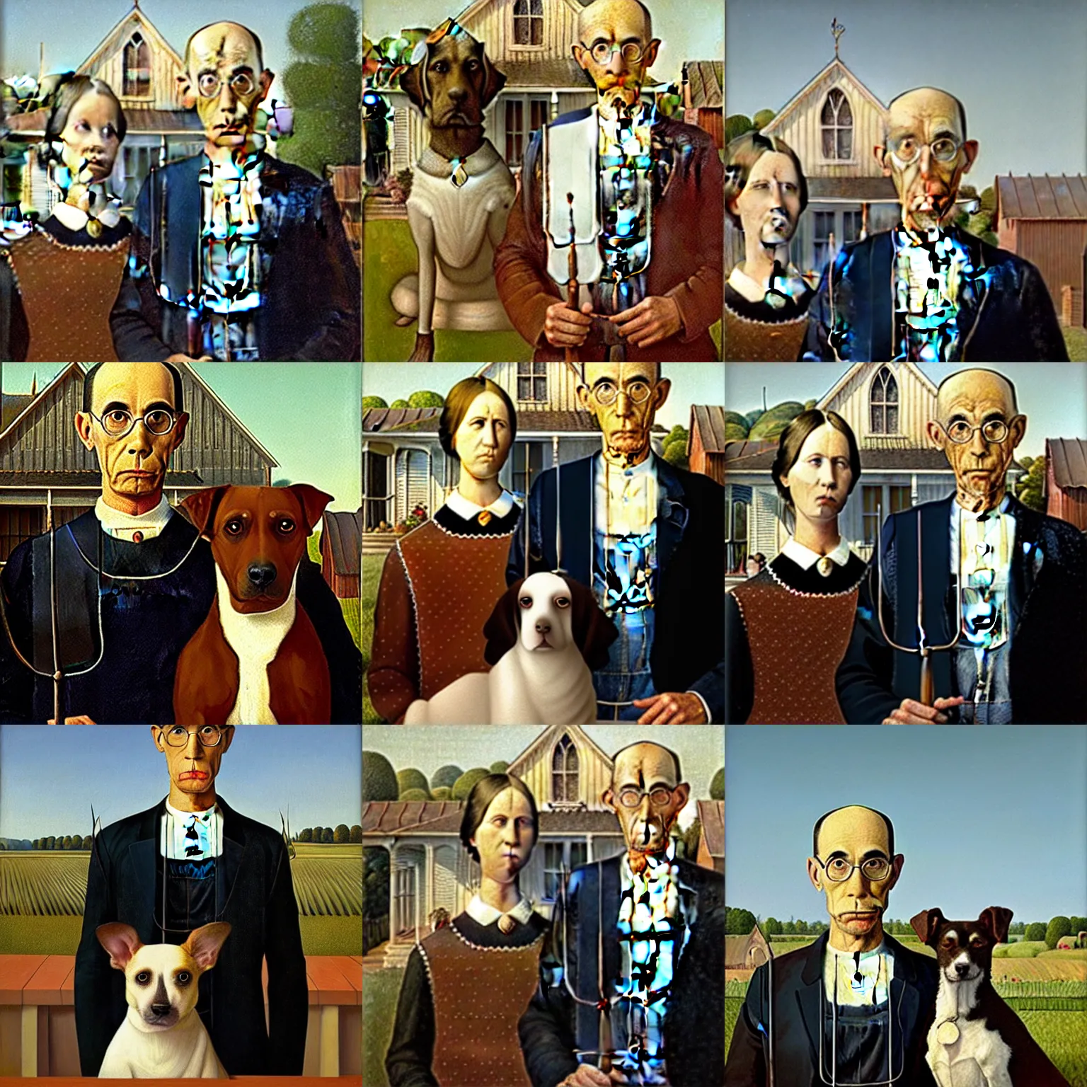 Prompt: a painting by grant wood of two dogs, American Gothic style