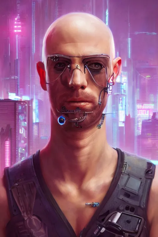 Image similar to a full body illustration of an male cyberpunk character wearing bionic implants, criminal mugshot, bald, bearded, highly detailed, oil on canvas, soft lighting, neon pastel colors, by WLOP and Greg Staples, HD, 4K