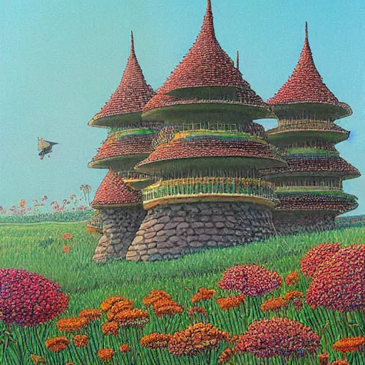 Image similar to a beautiful painting of a large walking turtle castle in a field of flowers by moebius