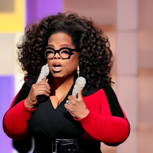Prompt: oprah winfrey holding up a mouse to the camera