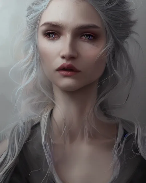 Image similar to portrait of a beautiful sorceress flowy grey hair, grey eyes, cinematic lighting, highly detailed, digital painting, trending on artstation, pixiv, concept art, sharp focus, illustration, art by ross tran and wlop