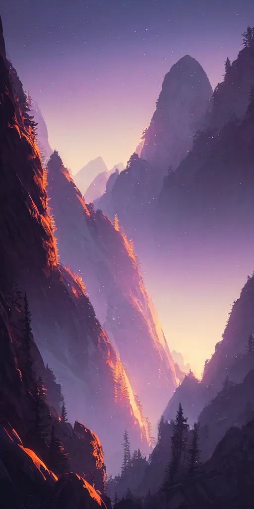 Image similar to highly detailed mountain in night, gta v, stephen bliss, unreal engine, fantasy art by greg rutkowski, loish, rhads, ferdinand knab, makoto shinkai and lois van baarle, ilya kuvshinov, rossdraws, tom bagshaw, radiant light, detailed and intricate environment