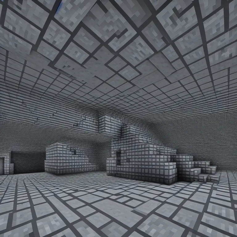 Prompt: Concrete gray multi-layered underground structure with multiple floors and a plus-shaped cleft in the center. Inside view, minecraft style, layers, straight lines, corners, high detailed, details, ultra realistic, photorealism, 8k, wide shot, symmetrical, render, brutalism, ray of light, architecture, volumetric lighting, cinematic, shadows