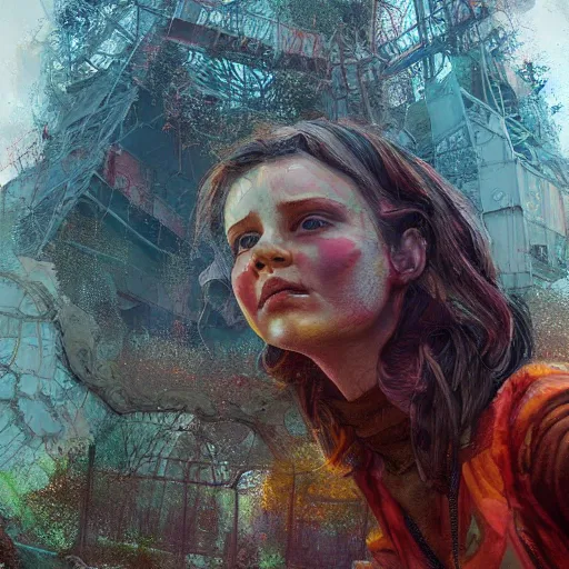 Image similar to a girl in chernobyl disneyland, digital illustration, by android jones and greg rutkowski, retrowave color scheme, detailed, cinematic lighting, wide angle action dynamic portrait