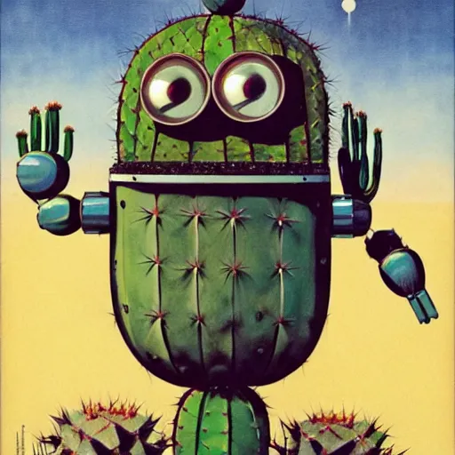 Image similar to full body shot shot of a 1950s retro Cactus robot, with space above the head. full body. Bionic cacti Arms and eyes. pop surrealism, poster art, muted colours. by Jean-Baptiste Monge, wide shot