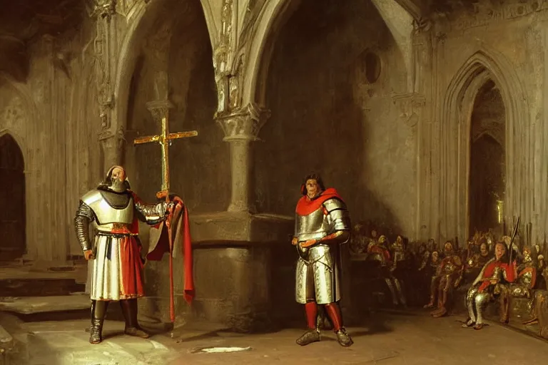 Prompt: an oil painting of a knight wearing plate armor in a medieval church, 4 k, highly detailed, painted by thomas cole