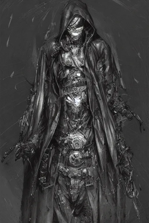 Prompt: cybernetic grim reaper in a black hooded robe by Tsutomu Nihei by Emil Melmoth, by stuz0r, Craig Mullins, yoji shinkawa, cross, artstation, pete morbacher, hyper detailed, very detailed, artstation, rendering by octane, shallow depth of field, uplight