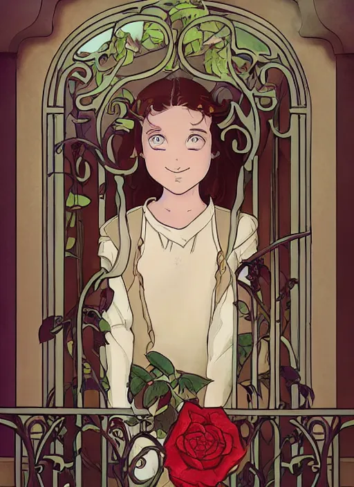 Prompt: well - lit art nouveau portrait of a 1 3 - year old girl with a shy expression, looking out from a balcony with a rose trellis, natural lighting, path traced, highly detailed, high quality, cartoon, digital painting, by don bluth and ross tran and studio ghibli