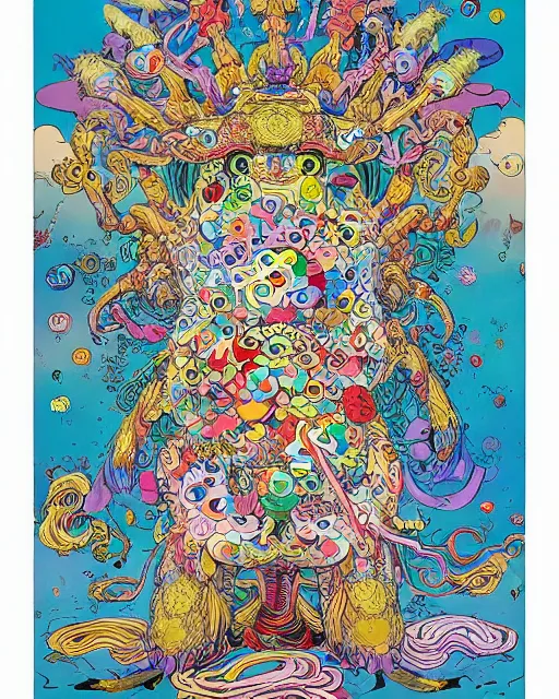 Image similar to bicameral humanoid mythical beast, fantastical, cute, and beautiful hybrid of different animals, a humorous psychedelic creature concept design by Moebius, Studio Ghibli, Toru Narita, in the style of Takashi Murakami, symmetrical 4K