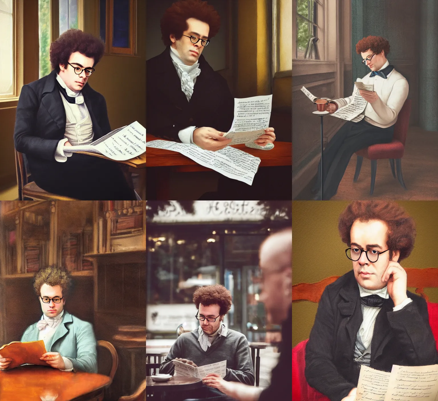 Prompt: professional fine detailed photo portrait of a man that looks like franz schubert sitting at the cafe and reading musical sheet, rich colors, iphone photo, 4 k photo, instagram, realistic photo, detailed photo, very beautiful photo,