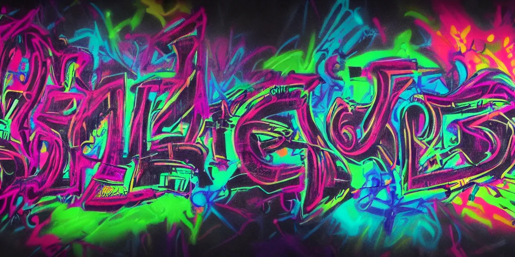 Image similar to a single gritty psychedelic graffiti sprayed on a black background and surrounded by darkness, concept art, 4 k, unreal render, octane, trending on artstation