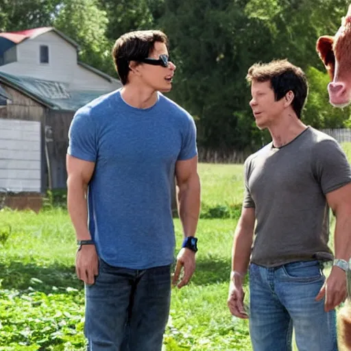 Prompt: mark wahlberg and andy samberg talking to farm animals