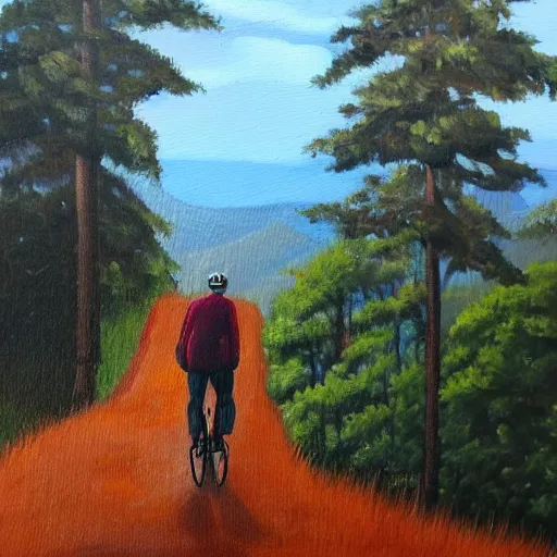 Image similar to man biking up a steep forest hill with a deep blue sweater. sweaty. Oil painting. Emotional. Steep. Trees.
