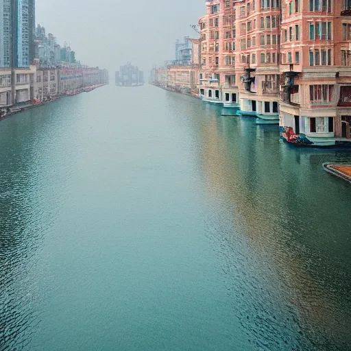 Image similar to Symmetric Wes Anderson film style in ShangHai , sharp focus , wideshot