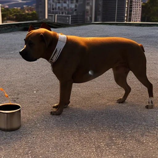 Image similar to pitbull dog drinks whiskey, real life, realistic, detailed, 4 k,