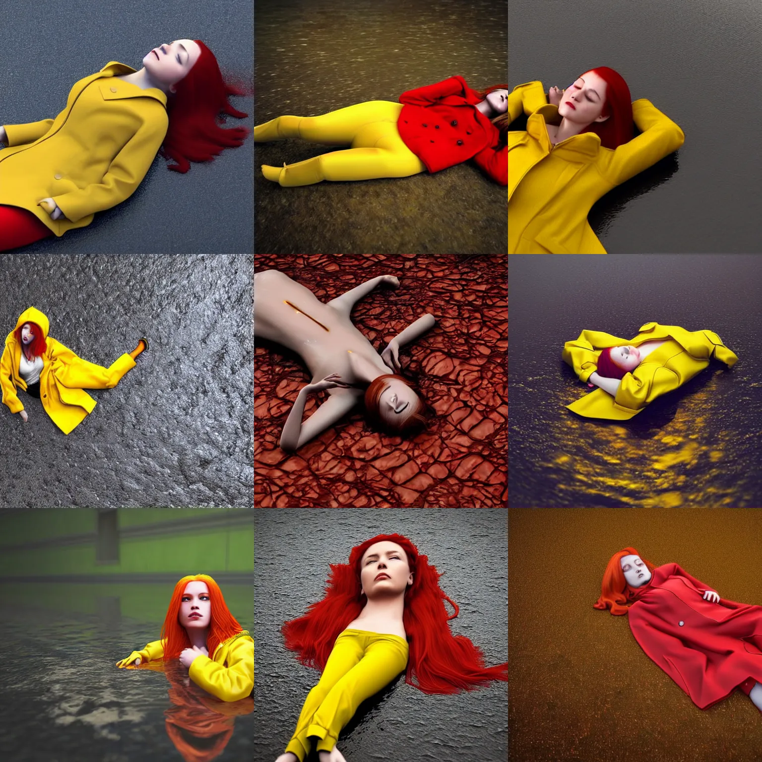Prompt: A dramatic portrait of a red haired girl in a yellow raincoat, lying on her back in puddles of water on a dark surface, photorealistic, detailed, 3d render