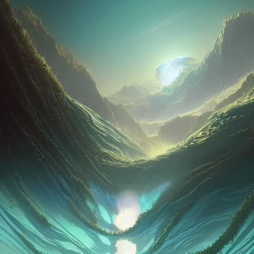 Prompt: A beautiful hyper realistic detailled matte painting of a microscoptic world of algea with ridges similar to mountains with billions of glowing micro trees emmiting a read and teal color by John Howe and Albert Bierstadt and Alena Aenami and dan mumford and dave noton, unreal engine, trending on behance:1, a warped world looped back on itself like Inception