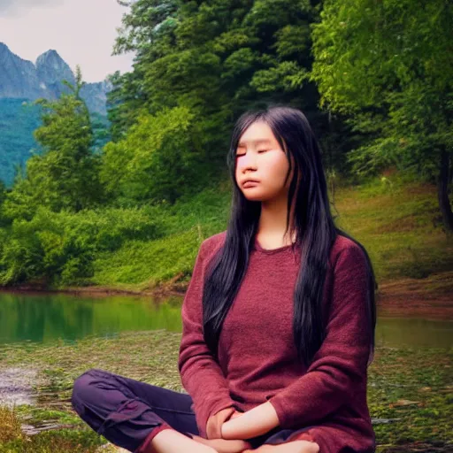 Image similar to young woman, wearing Inka clothes, sad expression, sitting at a pond, mountainous area, trees in the background, trending on artstation