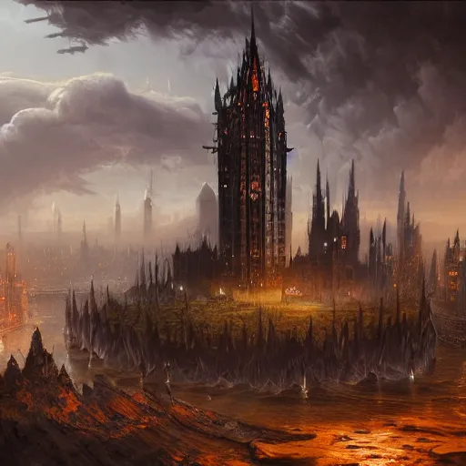 Image similar to an ultra detailed matte painting of a lonely and impossibly tall ominous gothic dark citadel tower of the evil patriarch, in the style of magic the gathering, in a river elevated high above the city, flintlock fantasy capital city, ultrawide lense, aerial photography, scary thunderstorm, exquisite detail, 8 k, art by greg rutkowski and alphonse mucha